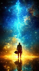Obraz premium A lone figure stands beneath a cosmic lightning storm