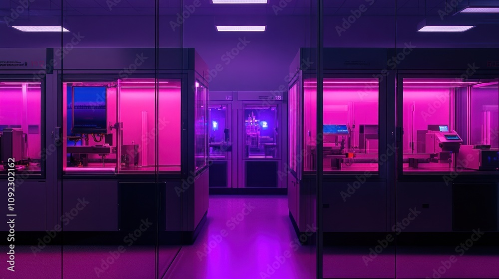 Poster modern laboratory with pink lit automated machinery