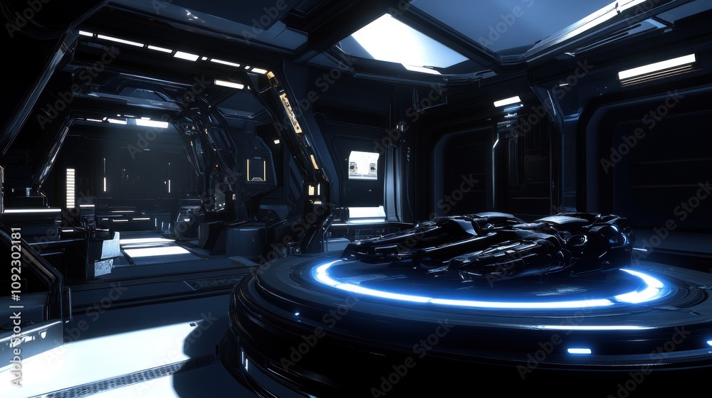 Poster futuristic spaceship interior with advanced weaponry displayed