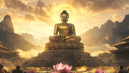 Fototapeta premium A Buddha sitting on a lotus flower with a halo above the head, a golden statue, sun rays shining through clouds over mountains in the background, generative ai