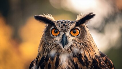 Naklejka premium Big-eyed eagle owl close-up with a soft blurred background 