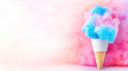 A cone of vibrant pink and blue cotton candy sits against a pastel blue and pink gradient background, evoking the playful sweetness and whimsy of National Cotton Candy Day