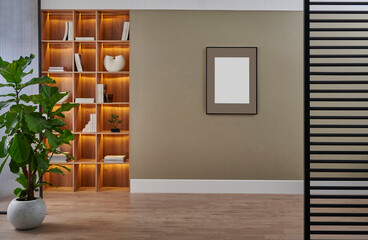Room interior concept, bookshelf, frame, lamp, vase of plant, chair, carpet detail. Modern wall.