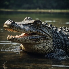 Obraz premium A crocodile is a large, predatory reptile known for its tough, scaly skin, powerful jaws, and long tail. 