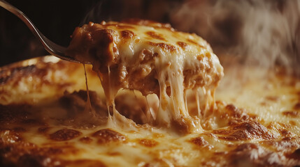 tantalizing fork lift of cheesy lasagna showcasing its steamy, gooey layers