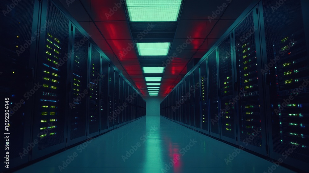 Poster illuminated server room corridor with network servers