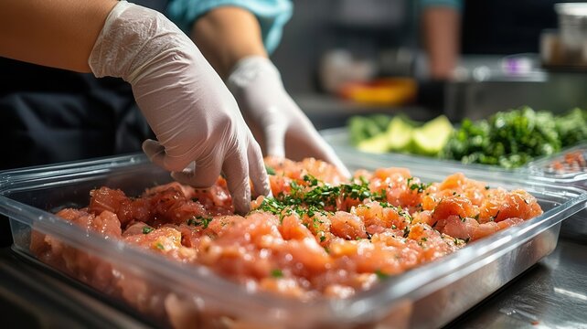 Food handler properly storing raw ingredients in a labeled and sealed container, safe handling, realistic focus