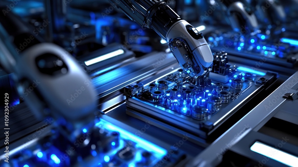 Poster robotic arm assembling electronic components on conveyor belt