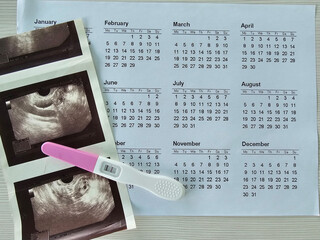 Calendar and ultrasound images with pregnancy test pregnancy journey