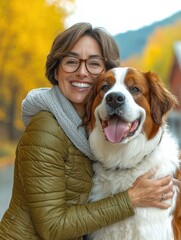 A woman smiles with her dog while they stand outdoors. AI.
