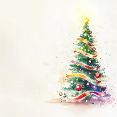 Festive watercolor painting of a christmas tree decorated with colorful ribbons, ornaments, and a shining star, copy space