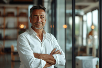 Obraz premium A confident individual in a white shirt stands in front of glass doors, arms crossed and smiling at the camera.