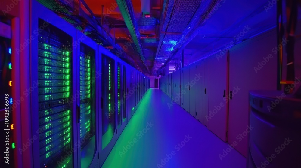 Aufkleber illuminated server room corridor data center servers
