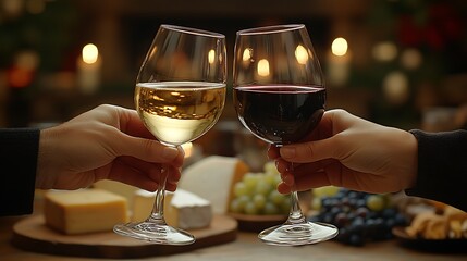 Obraz premium Two hands clinking wine glasses above a rustic table, assortment of cheese and grapes in the background, natural light highlighting the wooden texture, warm and festive mood, hd quality,