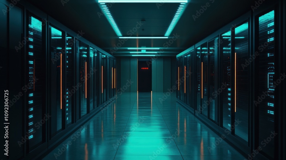 Poster illuminated server room corridor modern data center
