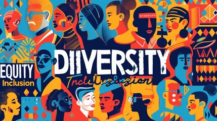 A compelling poster with the words DIVERSITY EQUITY Inclusion prominently displayed in bold, colorful lettering