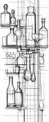 This art piece features a linear sketch of various bottles and beakers arranged on a shelf, merging structure and creativity through minimalistic design.