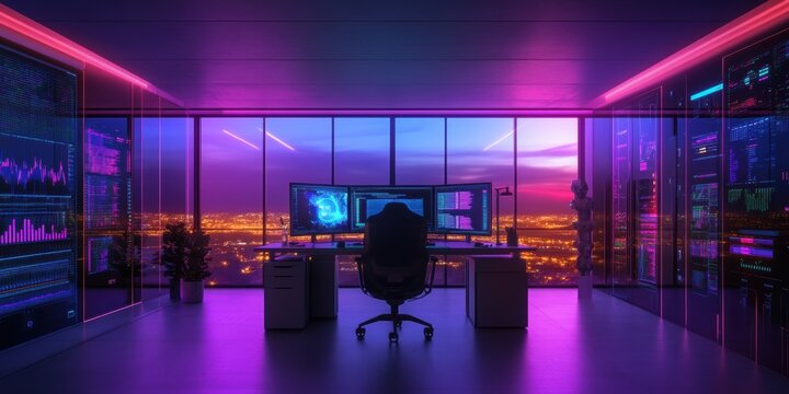 A stunning, high-tech office space featuring triple monitors, vivid neon lights, and a panoramic city view, creating an inspiring atmosphere for digital innovation and productivity.