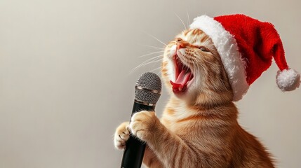 Cat in Santa hat singing Christmas carols into microphone against light background with empty space for text	