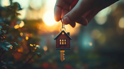 Holding a house key with a keychain featuring a small house