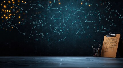 A creative workspace features a chalkboard filled with glowing mathematical equations, alongside a clipboard and colored pens, inspiring thoughts about the beauty of mathematics and science.
