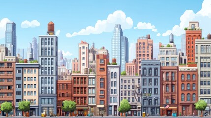 Retro pixel art futuristic cityscape with old and modern buildings