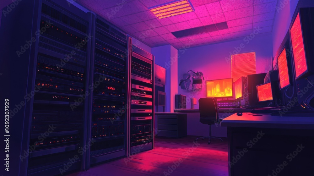 Poster Neon Lit Server Room With Multiple Computers