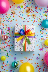 Festive scene with a gift box wrapped in rainbow ribbon, surrounded by colorful balloons and confetti on a light blue background, vertical, top view