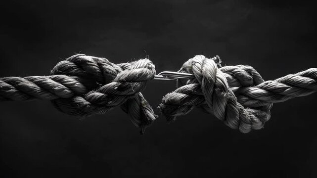 Black and white close-up of a frayed rope knot on a dark background. Represents tension or strain with detailed texture. Perfect for conceptual projects or visual storytelling. Generative AI
