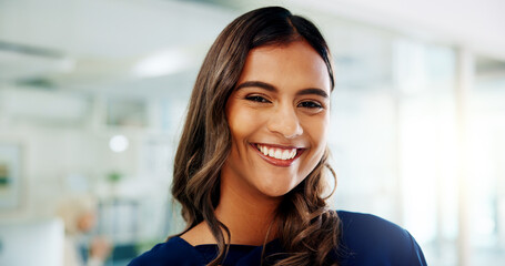 Smile, confident and portrait of woman in office for startup business with creative career. Happy, professional and female graphic designer from Mexico with positive attitude and pride in workplace.