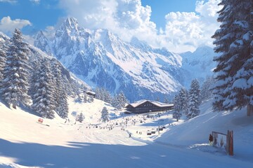 Charming swiss village with traditional chalets and church, surrounded by snow-capped mountains, bathed in warm winter sunlight