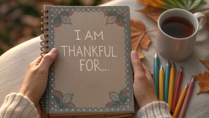 Gratitude-focused notebook surrounded by vibrant fall leaves and warm tea. Perfect for Thanksgiving marketing, journaling campaigns, or cozy content