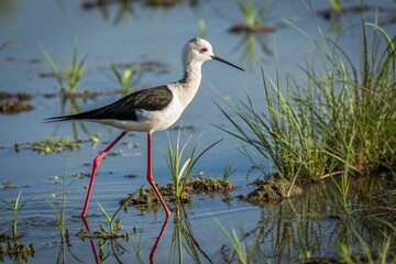 Obraz premium Black-winged Stilt, Himanthopus himantophus, black and white bird with long red legs, in the nature habitat, water pond, India. Wildlife scene from nature, Mana Pools NP, Zimbabwe in Africa