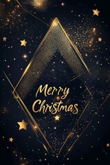 Elegant Christmas greeting card with golden stars, snowflakes and geometric lines on black background, vertical