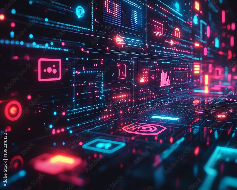 Poster 3d rendering of internet network and social media connection, glowing user icons, digital data flow 