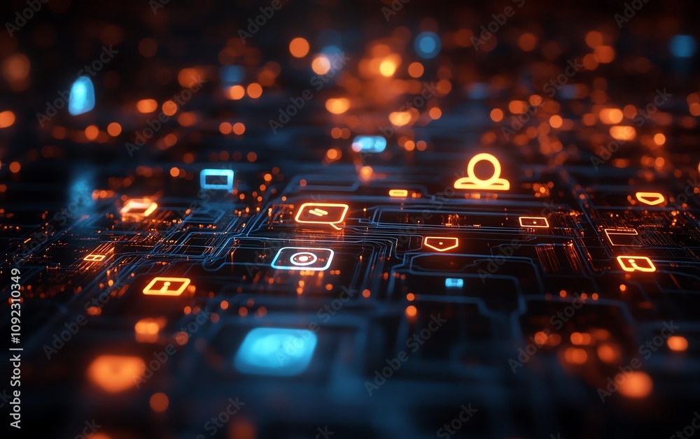 Poster 3d rendering of social media and internet network connection, digital user icons glowing on a dark t