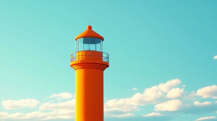 Orange lighthouse against blue sky.