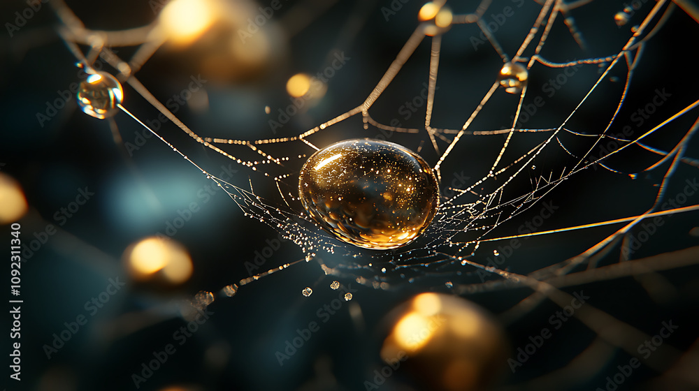 Wall mural macro photo of dewdrops on spiderweb, showcasing intricate details and sparkling reflections. delica