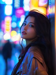 Fototapeta premium Young woman posing in the glowing cityscape of Tokyo at night