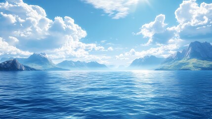 Expansive view of the serene deep blue sea, meeting distant rocky mountains. The sky is bright, filled with soft, drifting clouds, creating a dynamic and tranquil backdrop, ultra-detailed textures,