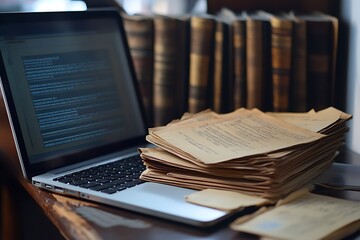 Obraz premium Laptop and Stack of Old Documents Near Books