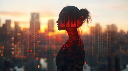 Businesswoman in a modern office analyzing business trends, close up, focus on, copy space, Double exposure silhouette with holographic business graphs
