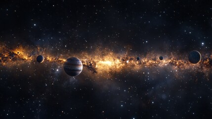 A long line of planets in the sky, including Jupiter, Saturn, and Uranus