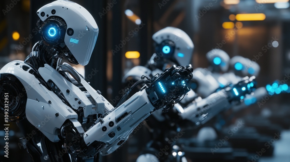 Poster Advanced Robots Working in Futuristic Factory Setting