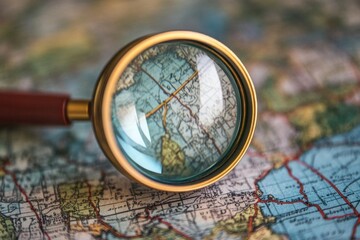 A magnifying glass over a detailed map, emphasizing exploration and discovery.