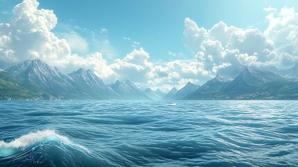 Fototapeta premium Majestic view of the azure ocean, its waves gently rippling towards a line of towering mountains. The sky is bright and filled with fluffy white clouds, casting light shadows on the water,