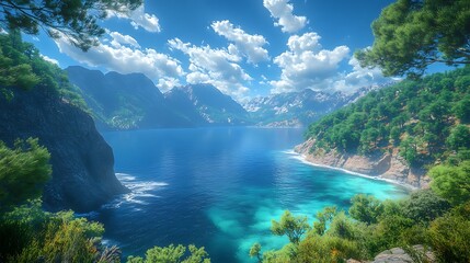 Majestic view of the azure sea, cradled by steep, forested mountain sides. Fluffy cumulus clouds fill the sky, adding texture and depth, cinematic lighting, ultra-realistic details, vibrant colors,