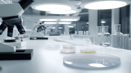 Naklejka premium Modern Laboratory Interior: Microscopes and Glassware