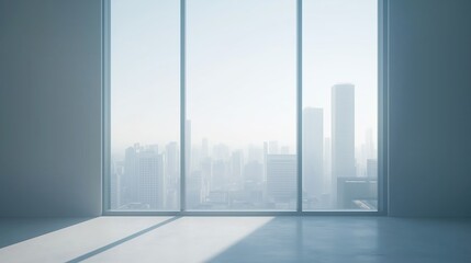 Obraz premium Interior view of an empty room in a skyscraper, showcasing the cityscape during the day. The skyline view from a high-rise window offers a gorgeous property with a stunning view.