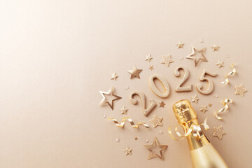 Festive Christmas and New Year background with golden champagne bottle, confetti stars and 2025...